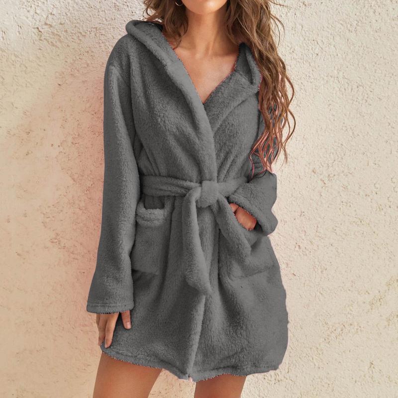 2024 Hot Sale Fall Winter Hooded Home Casual Plush Pajamas Pure Color Warm Keeping Bathrobe Women