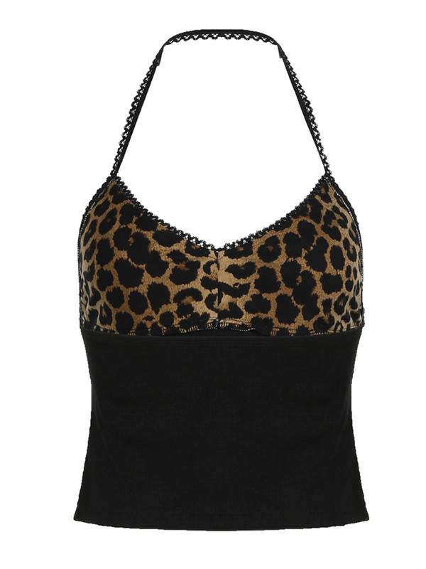 Women's Leopard Print Bow Decor Halter Neck Cami Top, Casual Sleeveless Backless Top for Daily Wear,  Tank Tops for Women, Ladies Clothes for All Seasons