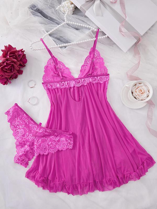 Two-Piece Set Women's Contrast Lace Ruffle Trim Cami Nightdress & Bow Decor Panty Pyjama Set, Sexy Adjustable Strap Wrap Slip Nightgown & Knicker Set, Ladies Nightwear for All Seasons