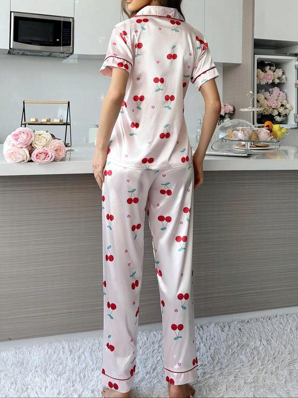 Two-Piece Set Women's Cherry Print Lapel Neck Pocket Shirt & Pants Satin Pyjama, Casual Comfy Short Sleeve Button Up Top & Trousers PJ Set, Ladies Sleepwear for All Seasons