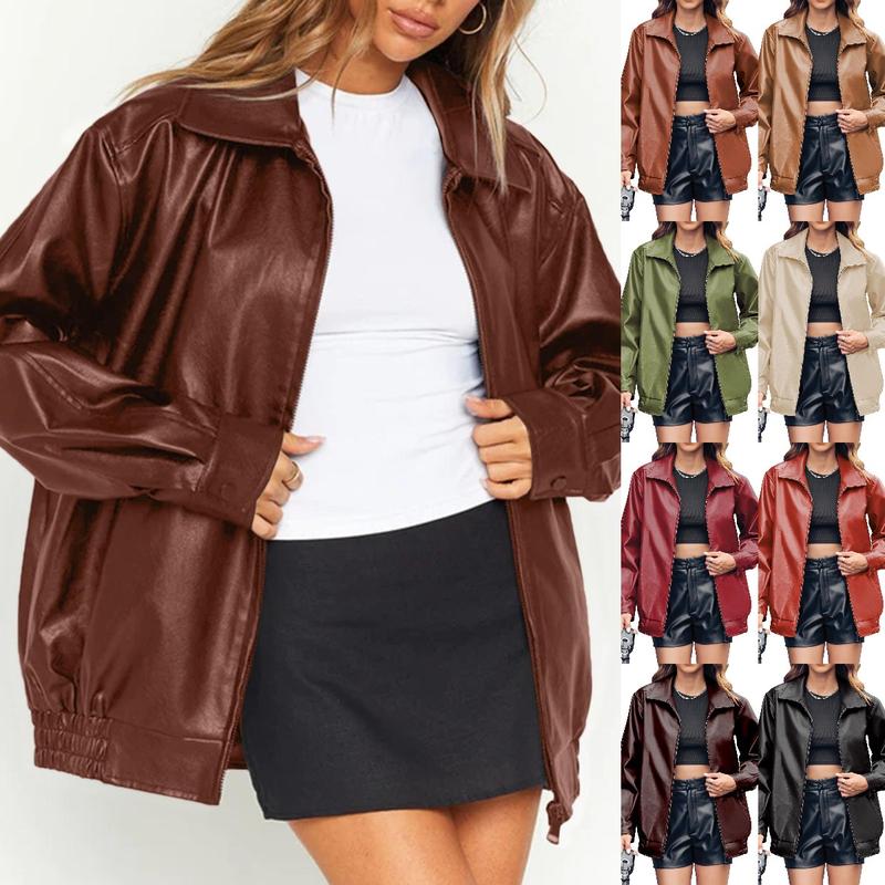 Goranbon Womens Oversized Leather jacket Lapel Bomber Coat Classic Casual Zip Up Warm Fall Winter Clothing