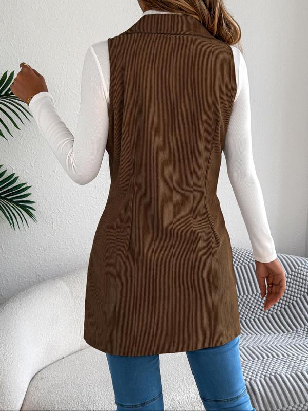 Women's Solid Double Button Pocket Corduroy Vest Coat, Casual Lapel Neck Sleeveless Outerwear for Spring & Fall, Ladies Clothes for Daily Wear