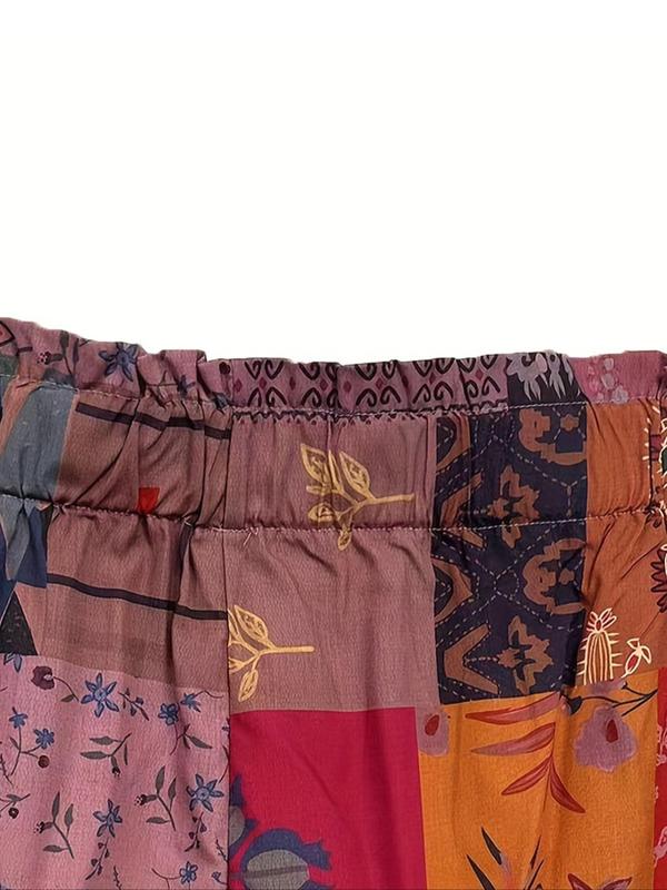 Women's Ethnic Pattern Bow Front Paper Bag Waist Wide Leg Shorts, Summer Clothes Women, Boho Casual Elastic Waist Pocket Design Shorts for Summer, Ladies Bottoms for Daily Wear