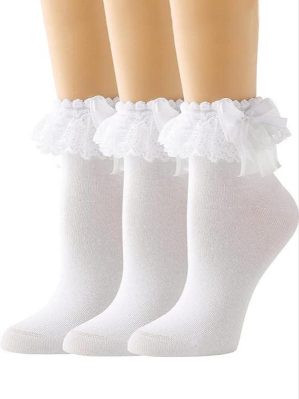 Women's Bow Decor Contrast Lace Crew Socks, Lolita Style Plain Socks, Ladies Socks for All Seasons, Fall Wear, Fallfreshness Socks