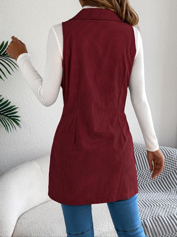 Women's Solid Double Button Pocket Corduroy Vest Coat, Casual Lapel Neck Sleeveless Outerwear for Spring & Fall, Ladies Clothes for Daily Wear