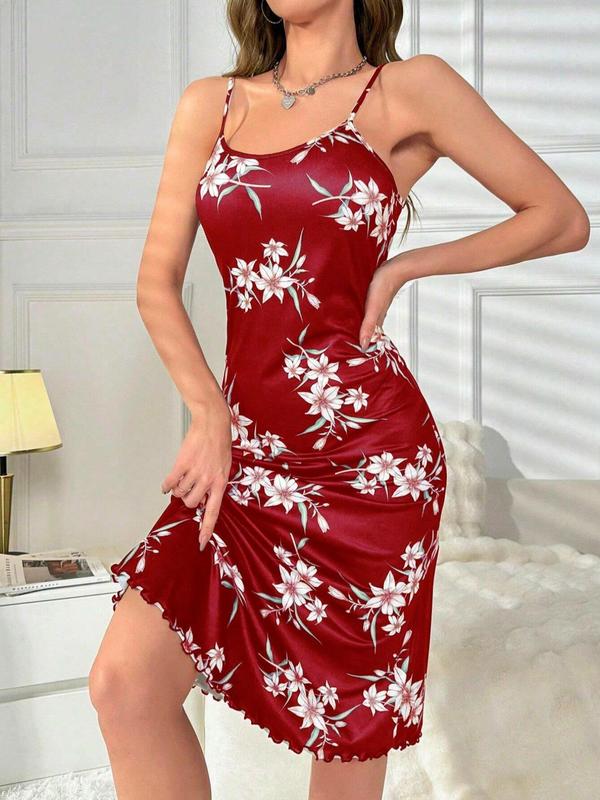 Women's Floral Print Lettuce Trim Backless Cami Nightdress, Elegant Soft Comfortable Spaghetti Strap Nightgown for All Seasons, Ladies Sleepwear for Indoor Wear