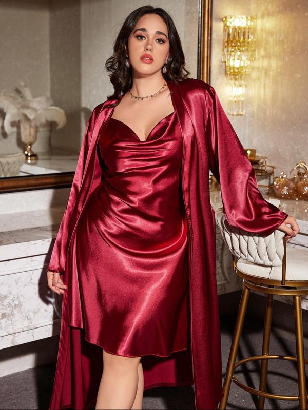  Solid Belted Satin Robe & Cami Nightdress Two-piece Set, Casual Comfy Long Sleeve Open Front Robe & Draped Spaghetti Strap Nightgown, Women's Sleepwear Set for All Seasons