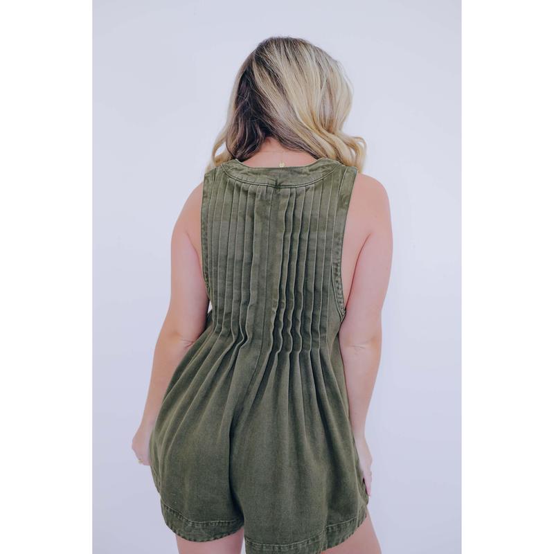 Country Cutie Pleated Denim Romper- 5 Colors