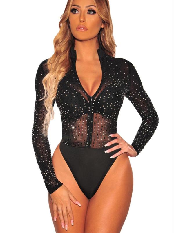 Women's Sexy Glitter Sequin Decor Contrast Mesh Vneck Skinny Bodysuit, Elegant Sparkly Long Sleeve Zip Up Slim Bodysuit, Comfort Women's Longsleeves Clothes