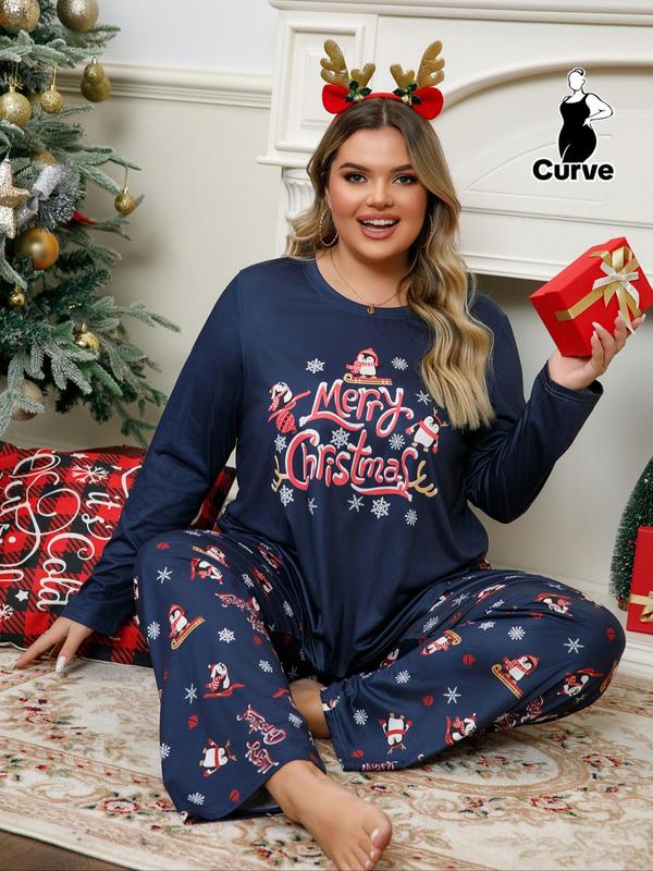  Two-Piece Set Christmas Print Pajama, Casual Comfy Round Neck Long Sleeve Tee & Elastic Waist Pants, Women's Sleepwear for Fall & Winter