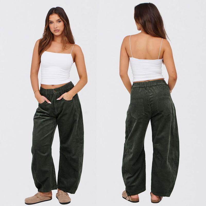 Tanming Women's Corduroy Pants Barrel Mid-Rise Elastic Waist Cord Pants Casual Wide Leg Baggy Trouser with Pockets