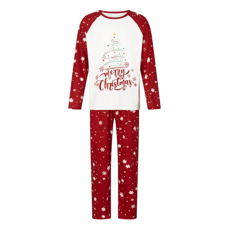 Christmas Family Pajamas Matching Set, Long Sleeve Tree Letters Print T-shirt with Snow Print Pants Sleepwear Loungewear Crewneck Womenswear