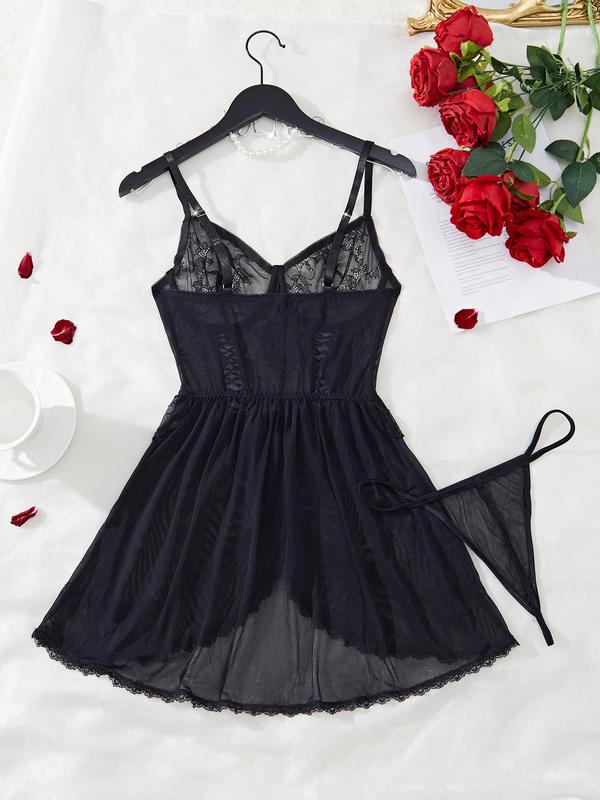 Women's Contrast Lace Sheer Cami Nightdress & Thong Sexy Lingerie Two-piece Set, Romantic Comfy Breathable Lingerie Set for Daily Wear, Women Sexy Lingerie for All Seasons