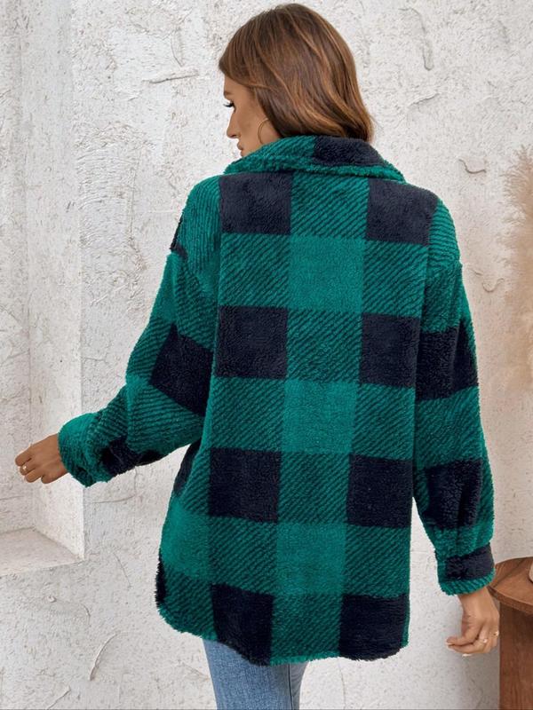 Women's Plaid Print Button Front Fuzzy Coat, Casual Drop Shoulder Long Sleeve Collared Outerwear for Fall & Winter, Ladies Clothes for Daily Wear, Preppy 80s Clothes