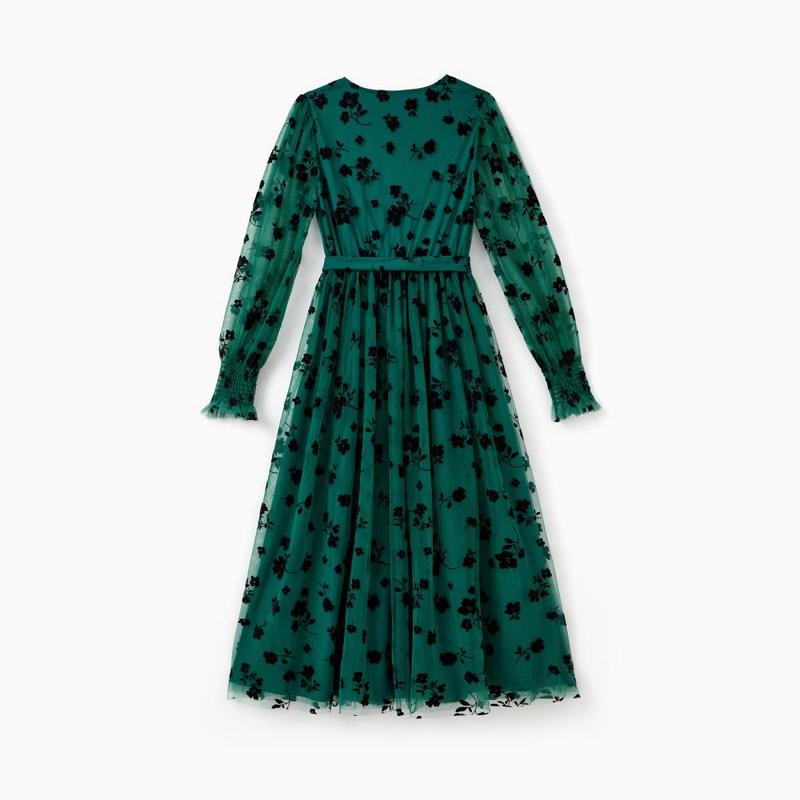 PatPat Mommy and Me Green Long Sleeves Embroidered Tulle Dress with Hidden Snap Button