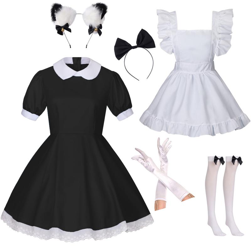 Women's Lolita French Maid Outfit Halloween Anime Costume with Apron Gloves Headband Socks 6 Pcs Set