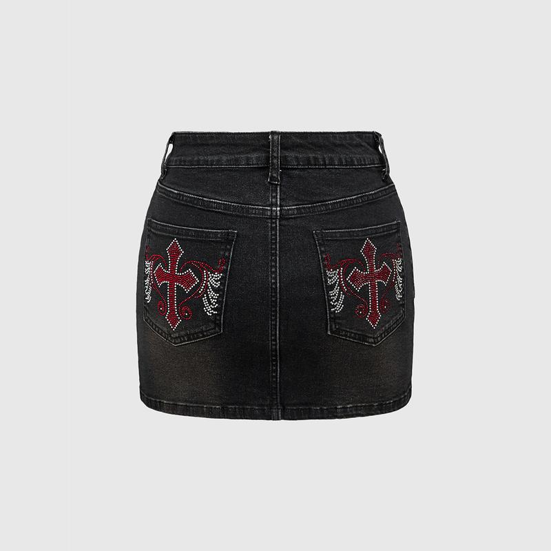 ROMWE Grunge Punk Y2K Vintage 2000s Cross & Wing Design Rhinestone Embellished Bodycon Mini Denim Skirt With Pockets For Women