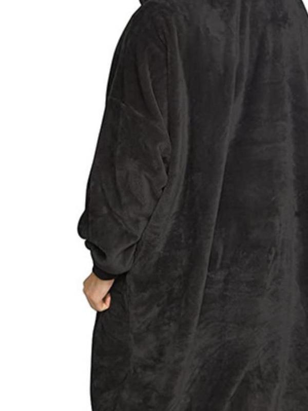 Unisex's Solid Drop Shoulder Hooded Dressing Gown, Casual Long Sleeve Kangaroo Pocket Design Flannel Dressing Gown for Fall & Winter, Soft Comfortable Warm Lounge Robe for Women & Men