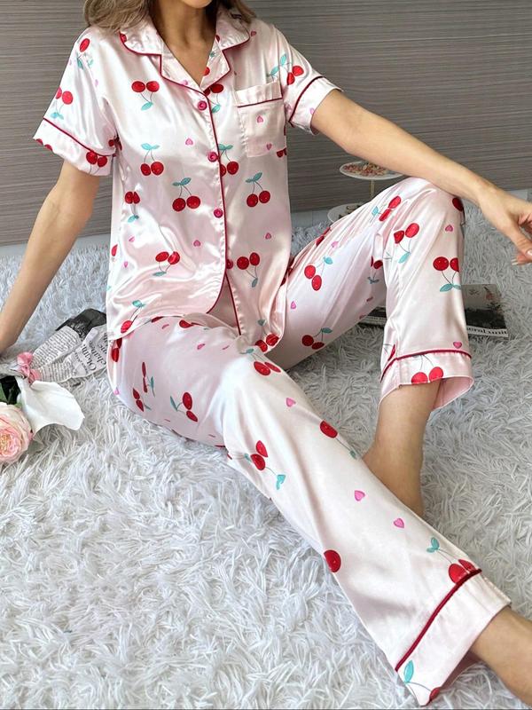 Two-Piece Set Women's Cherry Print Lapel Neck Pocket Shirt & Pants Satin Pyjama, Casual Comfy Short Sleeve Button Up Top & Trousers PJ Set, Ladies Sleepwear for All Seasons