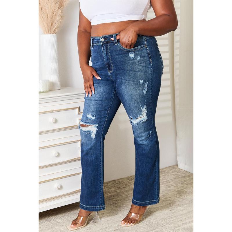 Judy Blue Full Size Mid Rise Hand Sand & Destroy Bootcut Jeans Basic Comfort Fit Spandex