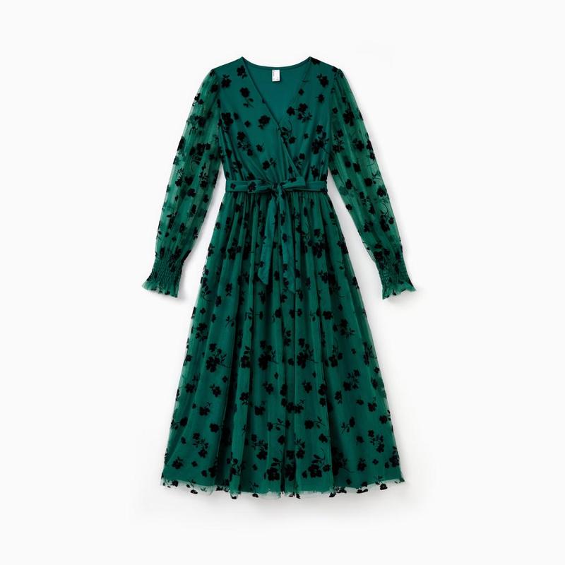 PatPat Mommy and Me Green Long Sleeves Embroidered Tulle Dress with Hidden Snap Button