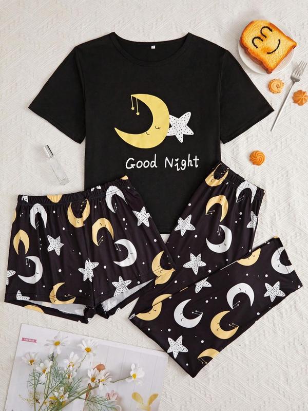 Three-Piece Set Women's Leopard Print Short Sleeve Tee & Elastic Waist Shorts & Pants Pyjama Set, Casual Comfy Round Neck T-shirt & Shorts & Trousers PJ Set, Ladies Sleepwear for All Seasons