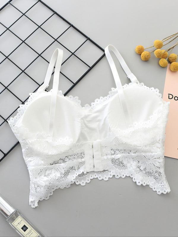 Women's Adjustable Spaghetti Strap Lace Bra with Removable Pads Design, Solid Color Adjustable Hook & Eye Design Wireless Lingerie Top, Soft Comfy Breathable Underwear for All Seasons