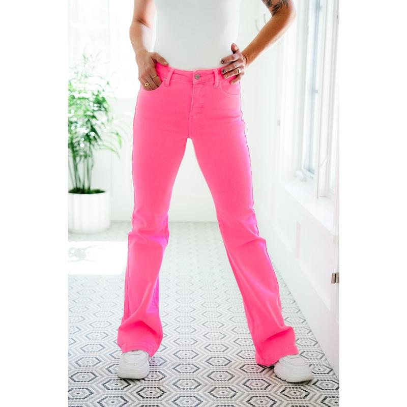 Risen x Freckled Poppy Good Vibes High Rise Hot Pink Back Knee Seamed Flare Jeans