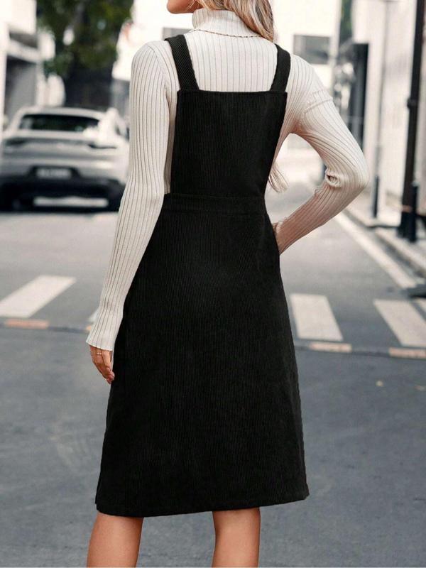 Women's Solid Color Button Decor Overalls Dress, Elegant Fashion Casual Pinafore Dress for Daily Outdoor Wear, Women Dress for Spring Fall