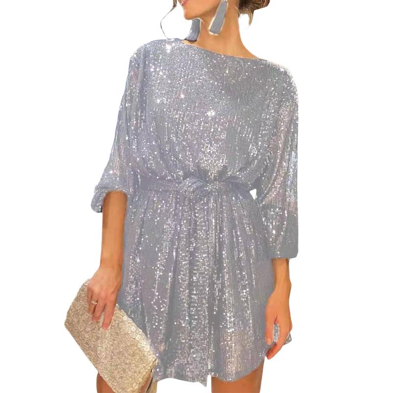 Women´s Sequin Party Dress, Sparkle Long Sleeve Round Neck Short Cocktail Dress with Belt Womenswear