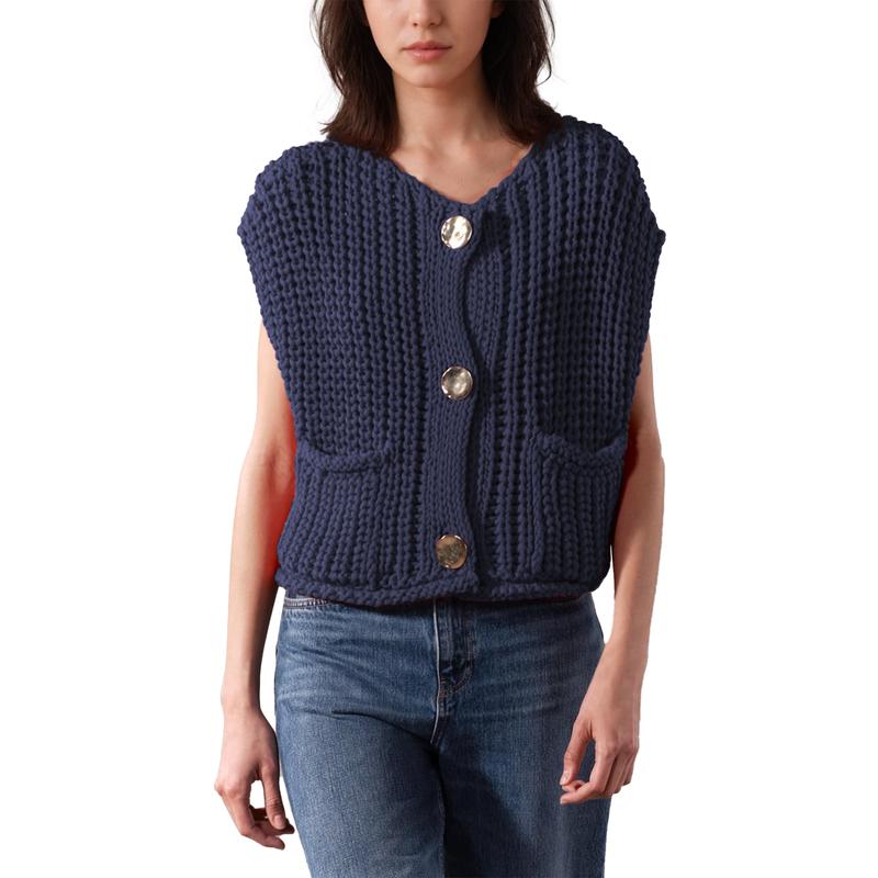 Vest Tops for Women Crochet Chunky Knit Sweater Sleeveless Button Down Tank Top Casual Cardigan Gilet with Pockets