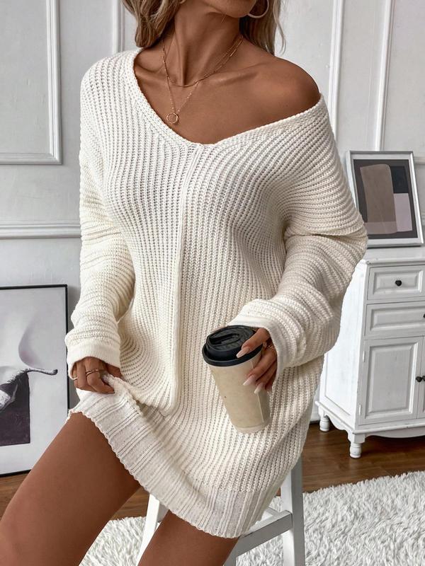 Women's Plain Drop Shoulder V Neck Sweater Dress, Casual Long Sleeve Jumper Dress for Fall & Winter, Women's Knitwear for Daily Wear