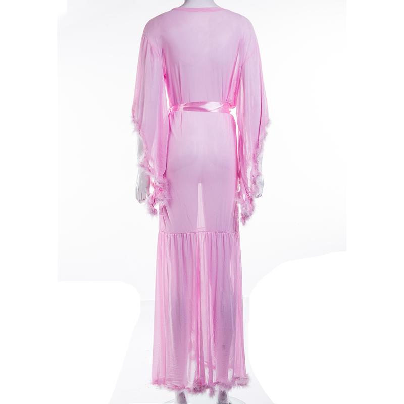 Women Long Sleeve Plush Robe Luxury Kimono See Through Extra Long Babydoll Nightgown Dress