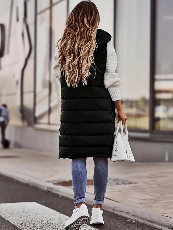 Women's Solid Color Drawstring Pocket Zipper Hooded Thermal Vest Coat, Casual Sleeveless Warm Outerwear for Fall & Winter, Women's Clothes for Daily Wear