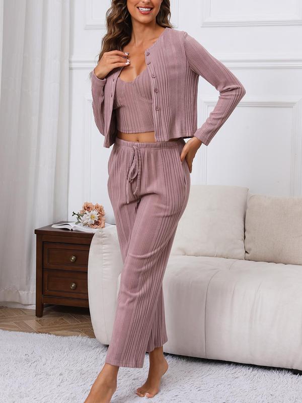 Women's Solid Button Front Cardigan & Crop Cami Top & Pocket Pants Loungewear Set, Casual Comfy Three-piece Pajama Sets Women, Women's Sleepwear for Fall & Winter