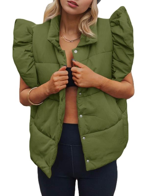 Women's Solid Ruffle Trim Button Front Puffer Vest Coat, Casual Pocket Design Sleeveless Outerwear for Fall & Winter, Women's Clothing for Daily Wear