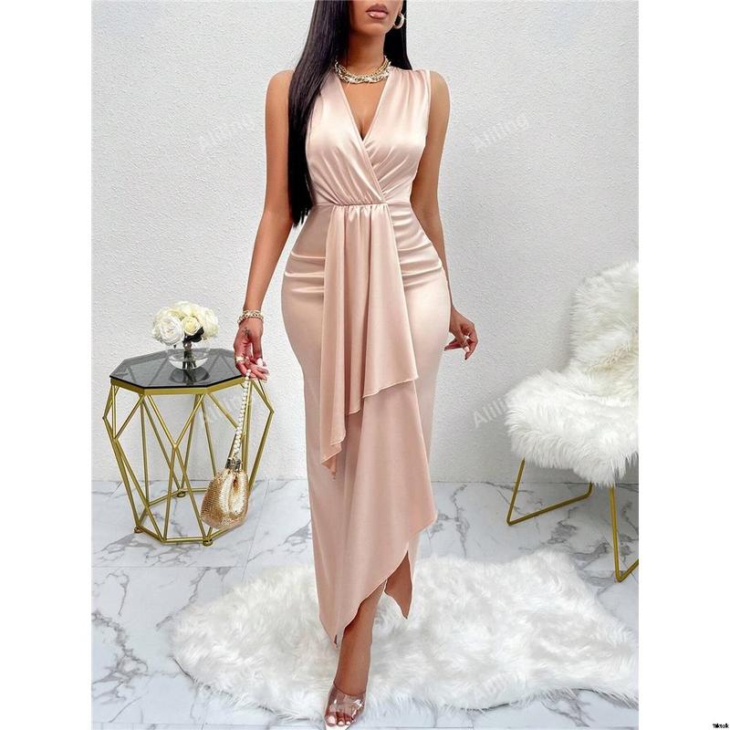 Sleeveless satin dress with ruched draped asymmetrical lower front