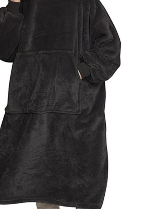 Unisex's Solid Drop Shoulder Hooded Dressing Gown, Casual Long Sleeve Kangaroo Pocket Design Flannel Dressing Gown for Fall & Winter, Soft Comfortable Warm Lounge Robe for Women & Men