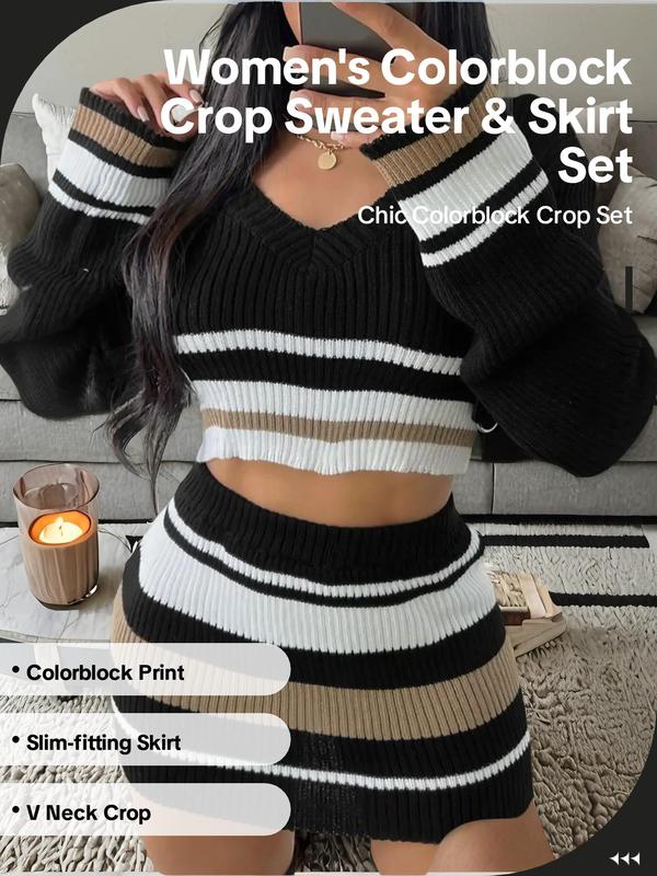 Two-piece Set Women's Colorblock Print V Neck Crop Sweater & Bodycon Knitting Skirt, Casual Fashion Cozy Knitwear Set for Daily Outdoor Wear, Women Knitwear for Fall & Winter