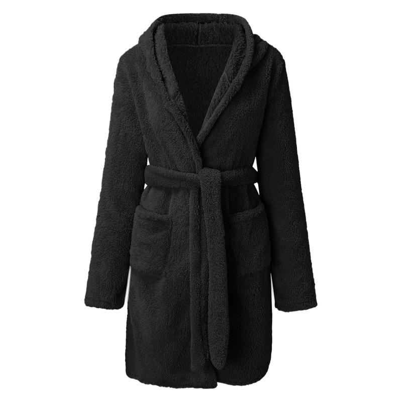 2024 Hot Sale Fall Winter Hooded Home Casual Plush Pajamas Pure Color Warm Keeping Bathrobe Women