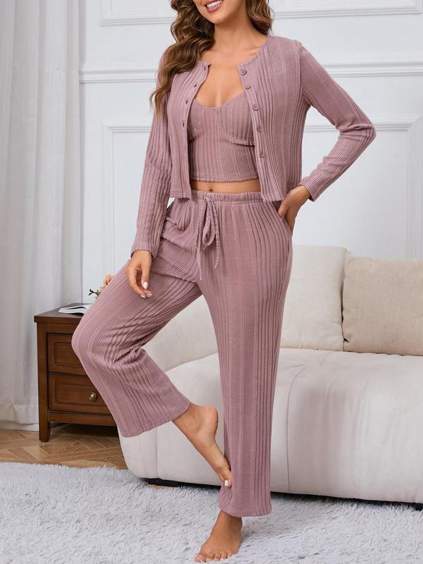 Women's Solid Button Front Cardigan & Crop Cami Top & Pocket Pants Loungewear Set, Casual Comfy Three-piece Pajama Sets Women, Women's Sleepwear for Fall & Winter