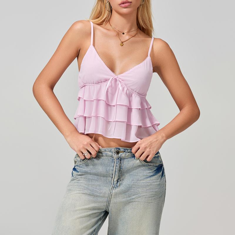 Women's Y2K Ruffle Low Cut Camisole Vest Spaghetti Strap Bow Trim Backless Crop Tops Going Out Streetwear