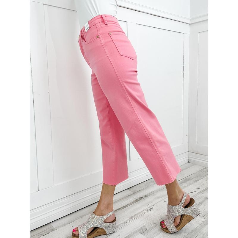 Judy Blue SHELBY Hi-Rise Tummy Control PINK Wide Leg Cropped Jeans