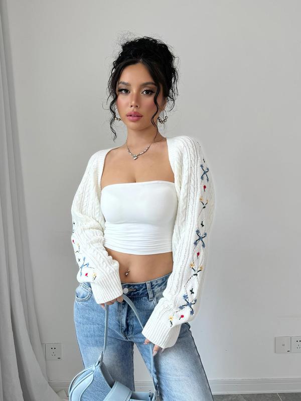 Women's Floral Embroidery Hollow Out Crop Cardigan without Inner Top, Casual Raglan Sleeve Open Front Knitwear for Fall & Winter, Fashion Women's Knit Clothing for Daily Wear