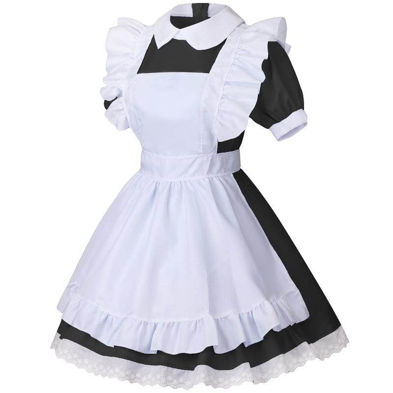 Women's Lolita French Maid Outfit Halloween Anime Costume with Apron Gloves Headband Socks 6 Pcs Set