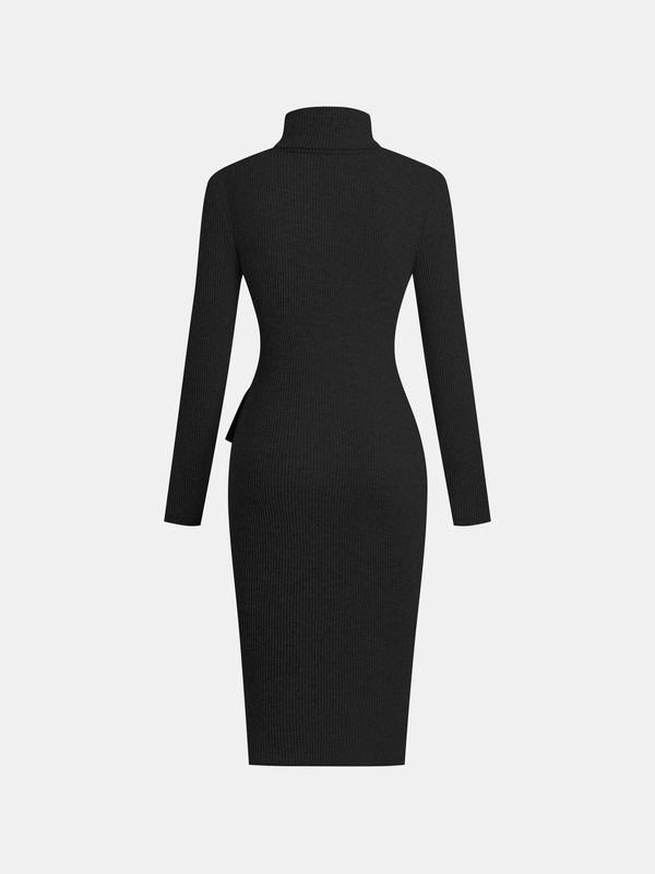 YOZY Women's Solid Color Tie Front Wrap Bodycon Dress, Casual Long Sleeve Turtle Neck Dress for Fall & Winter, Women's Clothing for Daily Wear