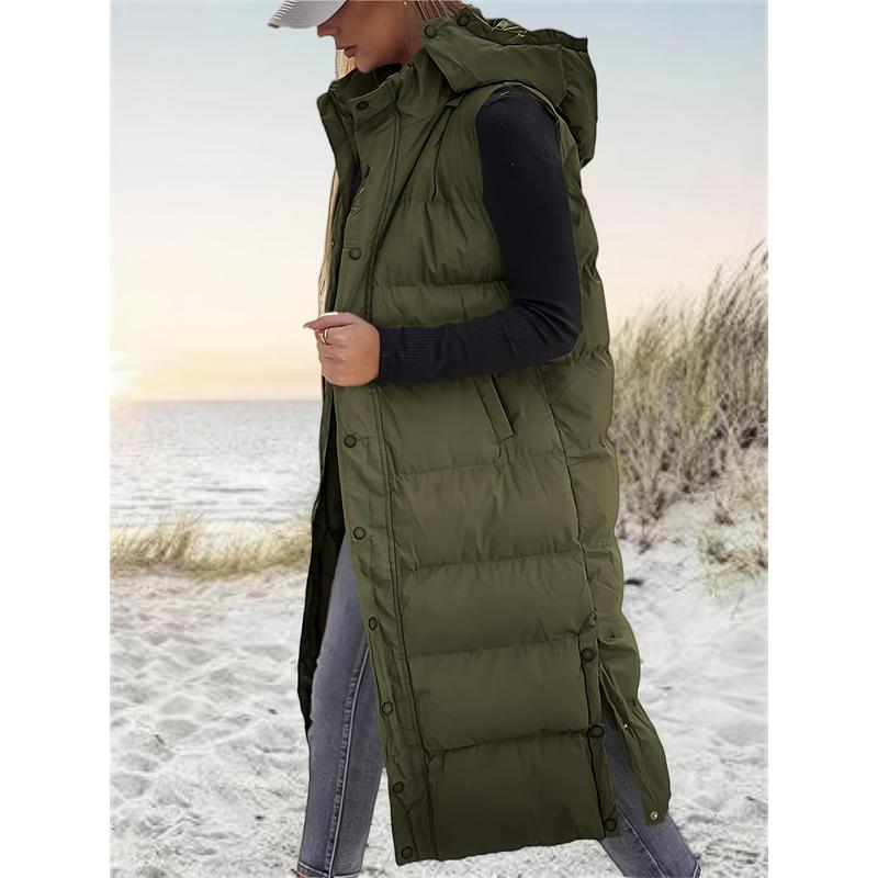 Women's Long Quilted Hooded Vest Sleeveless Button Fluffy down Jacket Cotton Cushion Jacket Winter Coat