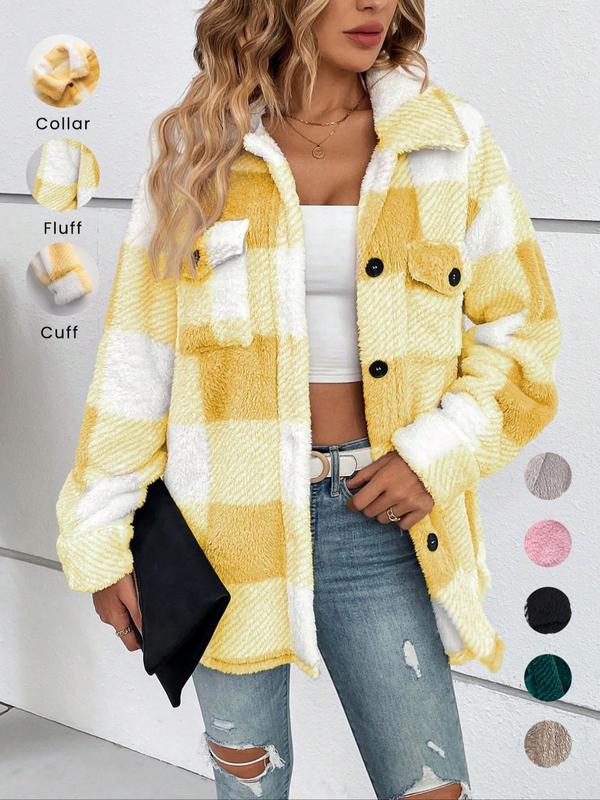 Women's Plaid Print Button Front Fuzzy Coat, Casual Drop Shoulder Long Sleeve Collared Outerwear for Fall & Winter, Ladies Clothes for Daily Wear, Preppy 80s Clothes