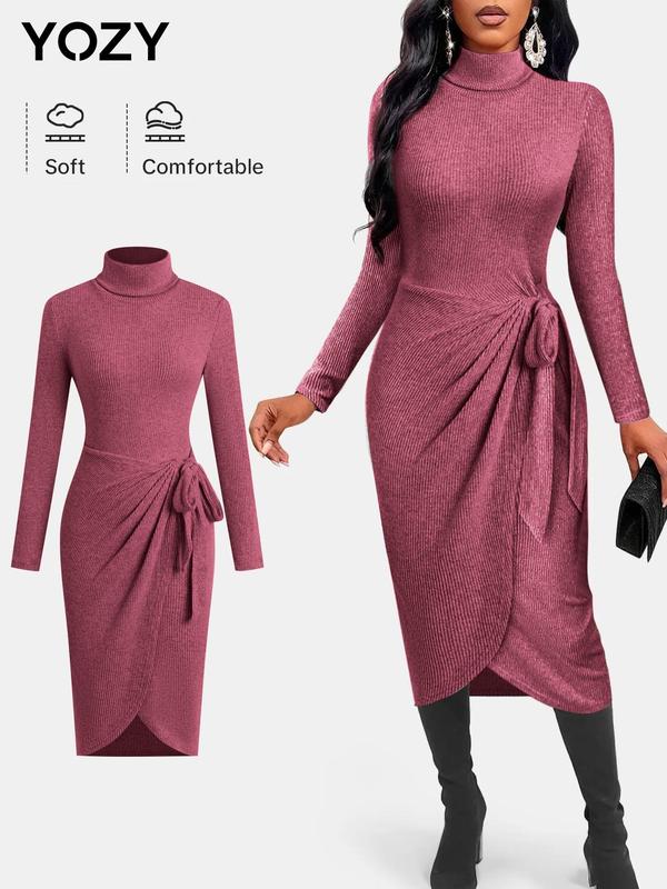 YOZY Women's Solid Color Tie Front Wrap Bodycon Dress, Casual Long Sleeve Turtle Neck Dress for Fall & Winter, Women's Clothing for Daily Wear