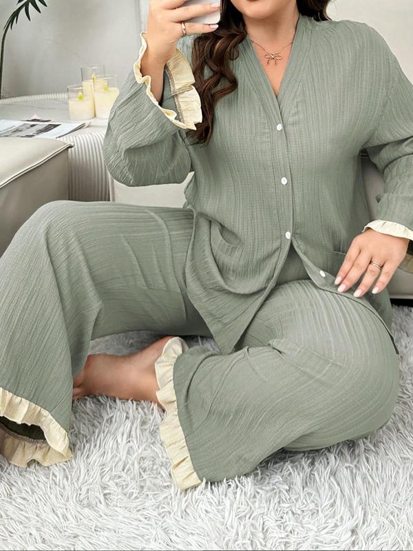  Two-piece Set Solid Button Front Pocket Ruffle Trim Shirt & Pants Pyjama, Casual Comfy Drop Shoulder Long Sleeve Top & Trousers Pj Set, Women's Sleepwear for All Seasons